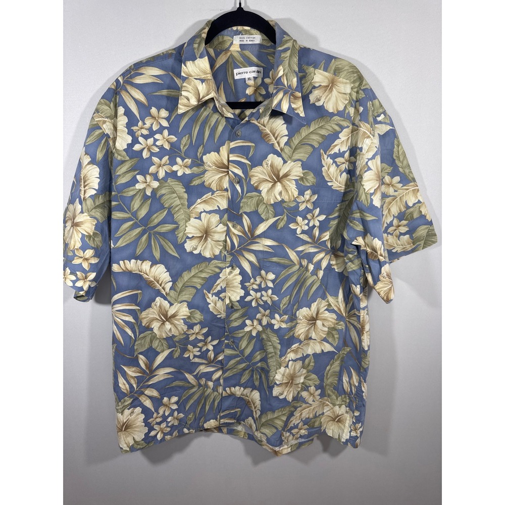 VTG Pierre Cardin Mens XL Tropical Floral Cotton Button Down Shirt Blue Hibiscus